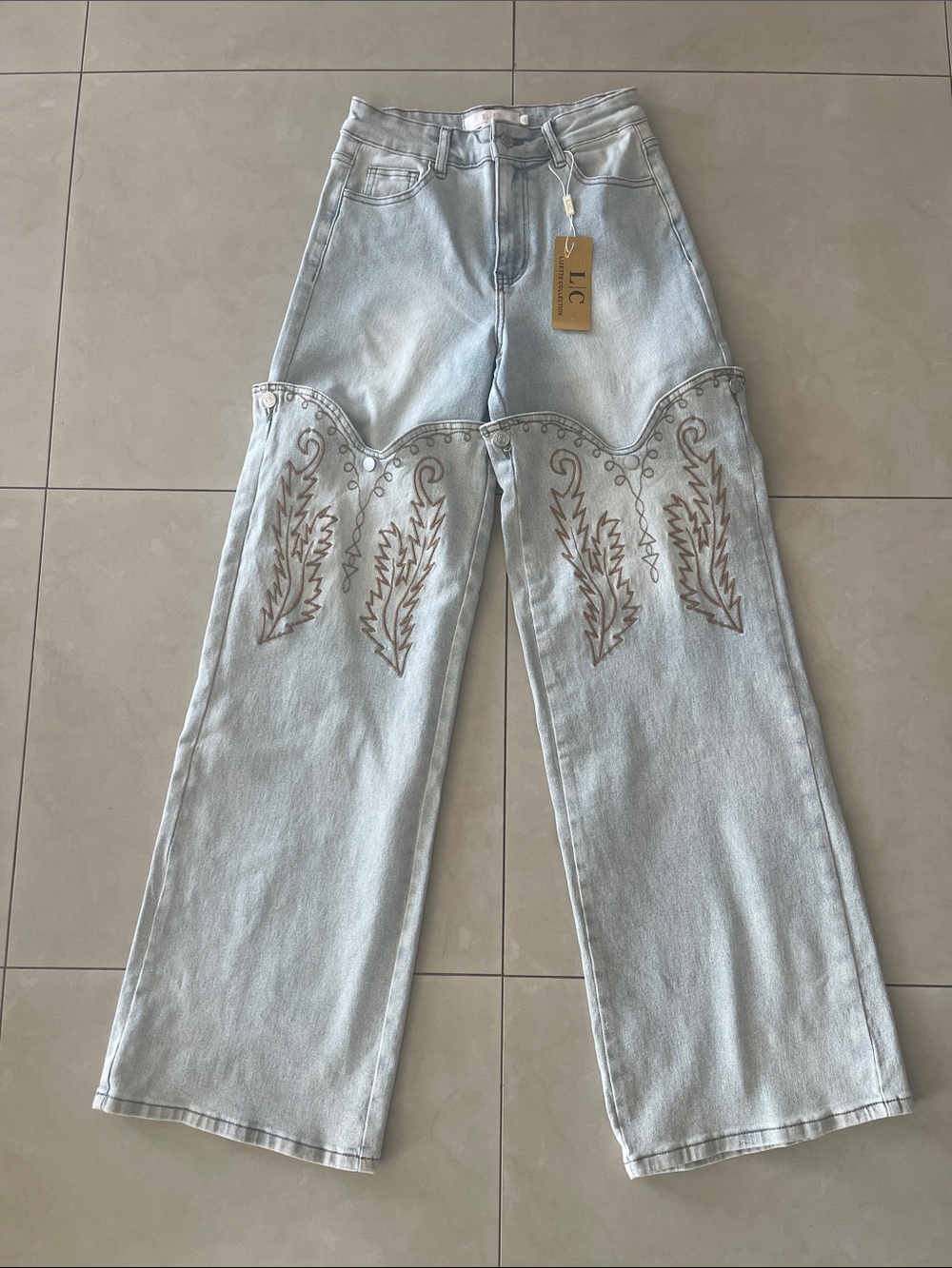 Cowboy Style Light Blue Embroidered High-Waist Wide Leg Jeans - Women's